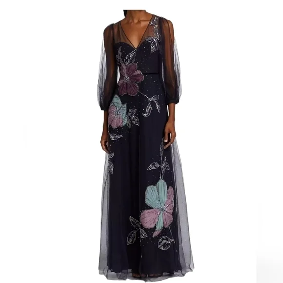 Marchesa Notte Women's Beaded Floral Tulle Gown Size 8 - Picture 1 of 15